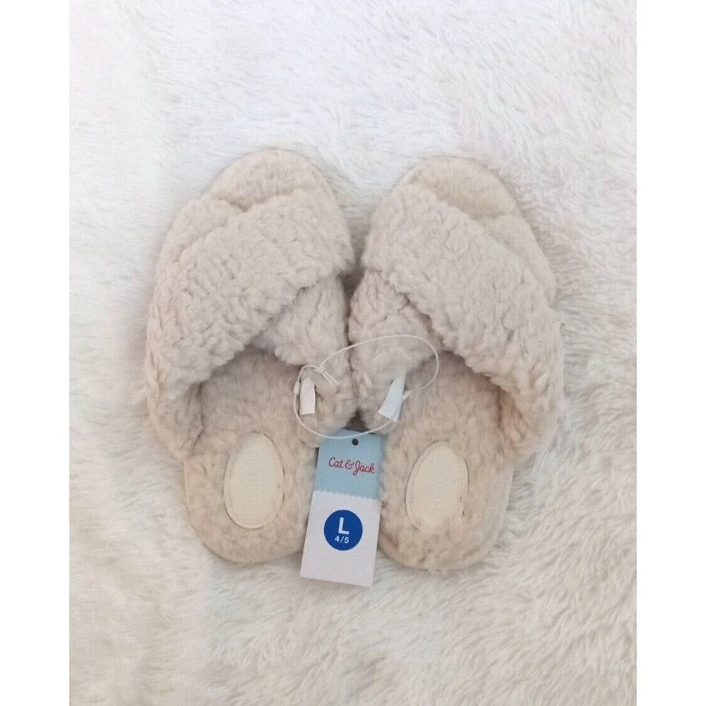 Cat & Jack Girls Soft & Furry Cross Front Slide Slippers (Size L/4-5) Off-White